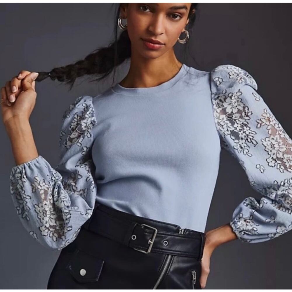 Anthropologie Dolan Light Blue Puffed Long Sleeve Lace Top XS